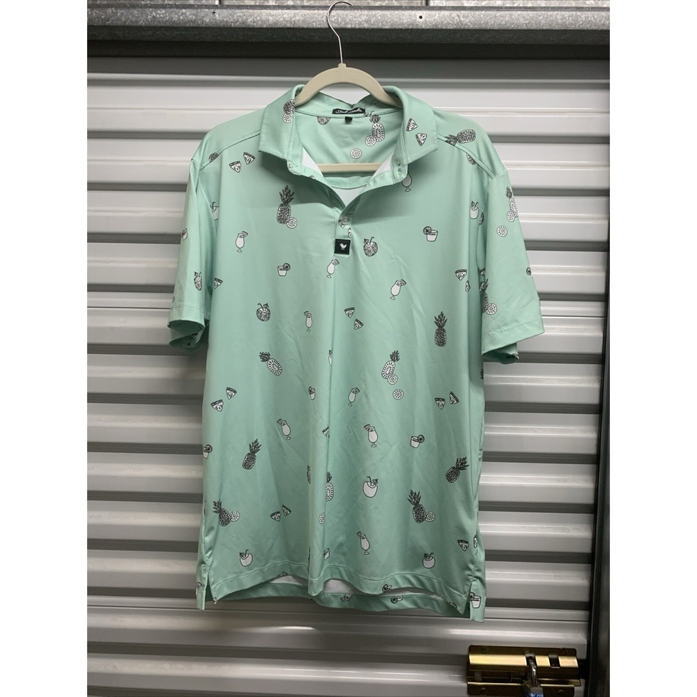 Bad Birdie Polo Shirt Men Pineapple Cocktail Print Golf Stretch Mint Green Large
